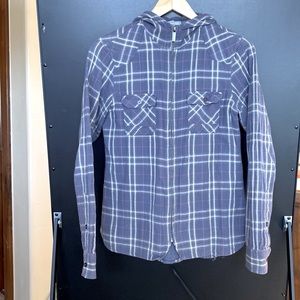 Hornytoad jacket, shacket, hoody, blue plaid, lined.